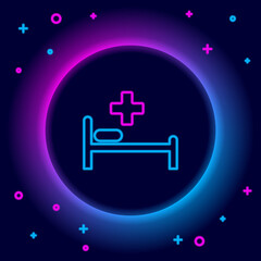 Glowing neon line Hospital bed with Medical symbol of the Emergency - Star of Life icon isolated on black background. Colorful outline concept. Vector.