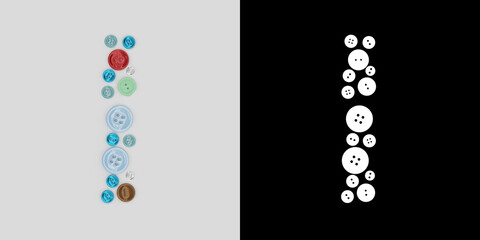 Letter I of sewing button alphabet. Alphabet from buttons . Letter from buttons. Font from buttons. On a white background. 3D