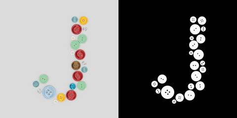 Letter J of sewing button alphabet. Alphabet from buttons . Letter from buttons. Font from buttons. On a white background. 3D