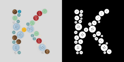 Letter K of sewing button alphabet. Alphabet from buttons . Letter from buttons. Font from buttons. On a white background. 3D