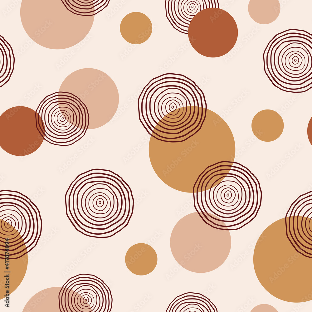 Poster Modern abstract seamless pattern with geometric circles and circles of  lines on pastel background.  Trendy vector design for paper, cover, fabric, textile, wallpaper, interior decor. 
