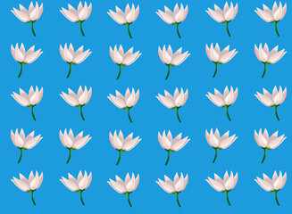 Seamless pattern pale rose and white flowers on light blue canvas background. Spring pattern.