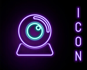 Glowing neon line Web camera icon isolated on black background. Chat camera. Webcam icon. Colorful outline concept. Vector.