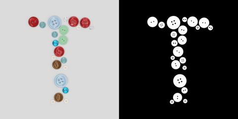 Letter T of sewing button alphabet. Alphabet from buttons . Letter from buttons. Font from buttons. On a white background. 3D