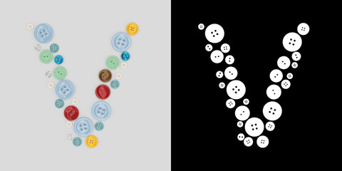 Letter V of sewing button alphabet. Alphabet from buttons . Letter from buttons. Font from buttons. On a white background. 3D