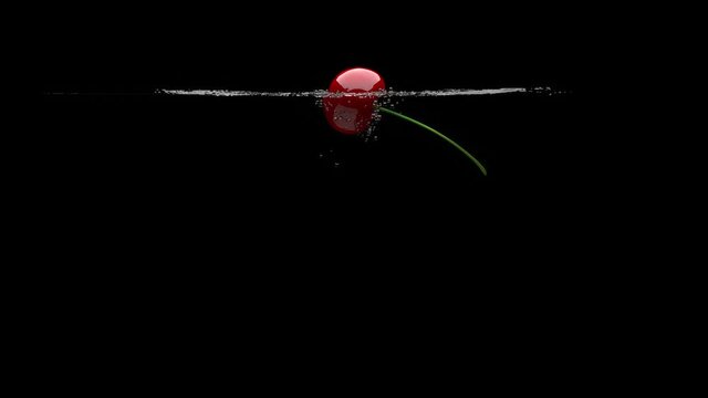 The cherry falls into the clear water. Black background. 3D-render.