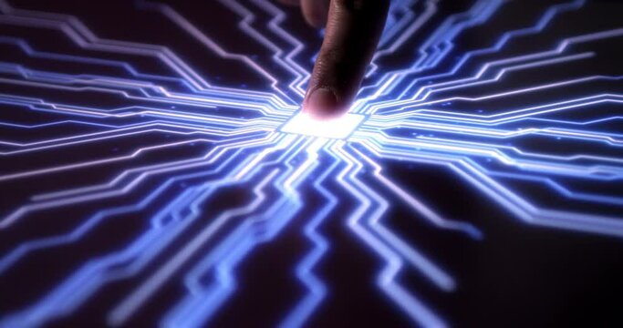 Human Finger Activates Futuristic Artificial Intelligence Computer. Powerful High Tech Computers. Machine Learning In Progress. 