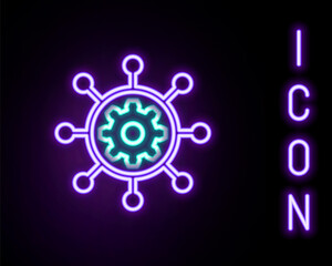 Glowing neon line Project management icon isolated on black background. Hub and spokes and gear solid icon. Colorful outline concept. Vector.