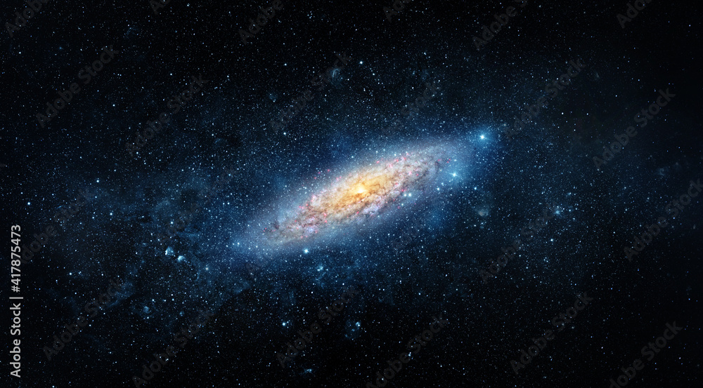 Wall mural a view from space to a spiral galaxy and stars. universe filled with stars, nebula and galaxy,. elem