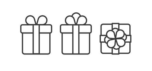 Set of linear gift boxes icons, side and top views with different bows, simle graphic element