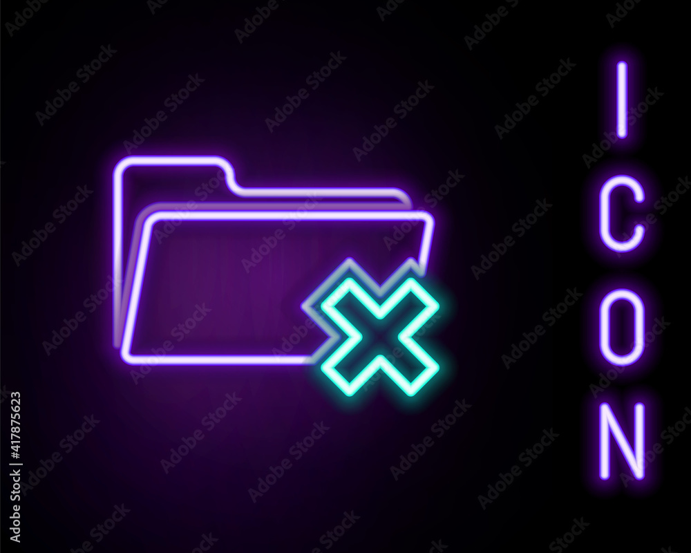 Poster glowing neon line delete folder icon isolated on black background. folder with recycle bin. delete o