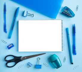 Blue stationery and notepad. Back to school concept. With space for text 