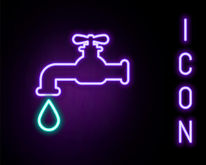 Glowing neon line Water tap with a falling water drop icon isolated on black background. Colorful outline concept. Vector.