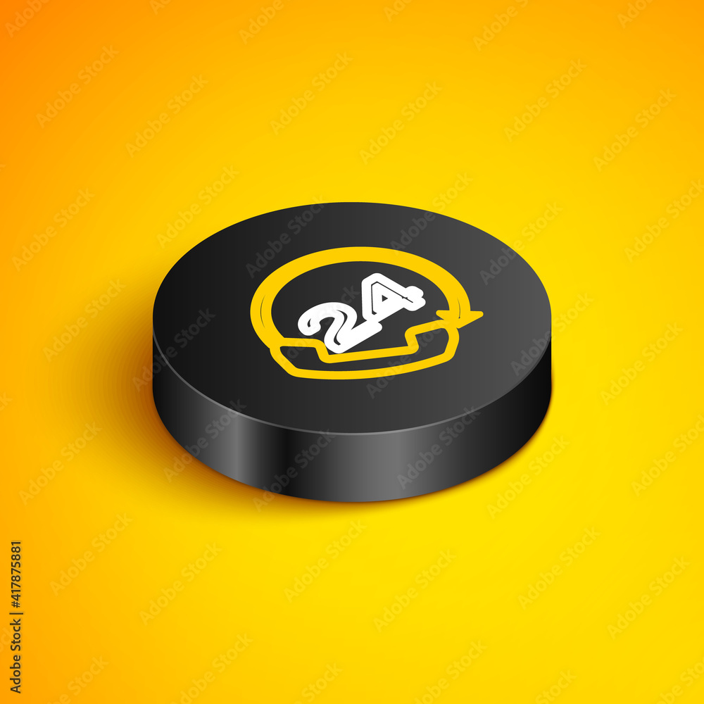 Poster isometric line telephone 24 hours support icon isolated on yellow background. all-day customer suppo