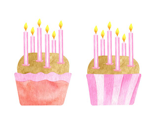 Watercolor Birthday cakes with six candles. Hand drawn cute biscuit cupcakes in pink paper liners. Dessert ilustration isolated on white background. Baby girl 6th Birthday celebration cake for cards.
