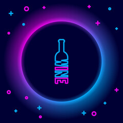 Glowing neon line Bottle of wine icon isolated on black background. Lettering bottle of wine. Colorful outline concept. Vector.