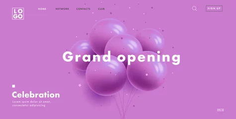 Fotobehang grand opening web banner with bunch of round purple air balloons on purple background, modern style landing page design © marynaionova