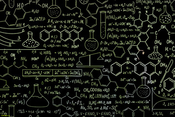 Hand drawn science formulas on chalkboard for background
