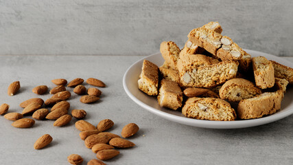 Heap of Cantuccini cookie biscuits with almonds nuts. Crunchy traditional Italian snack.