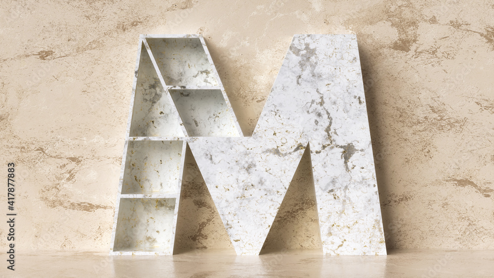 Poster marble letter “m” 3d with empty shelves designed to display books or small objects. 3d rendering.