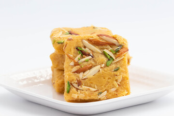 Indian Mithai Lachedar Patisa With Various Names Soan Papdi San Papdi Sohan Papdi Sukhdi Or Sonpapdi Son Roll Is Made Of Gram Wheat Flour Besan Kaju Pista Badam Dry Fruits Jaggery Fried In Desi Ghee