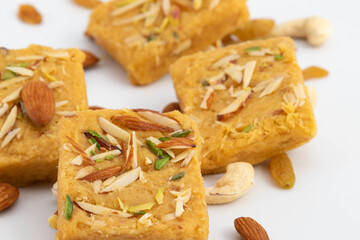 Indian Mithai Lachedar Patisa With Various Names Soan Papdi San Papdi Sohan Papdi Sukhdi Or Sonpapdi Son Roll Is Made Of Gram Wheat Flour Besan Kaju Pista Badam Dry Fruits Jaggery Fried In Desi Ghee