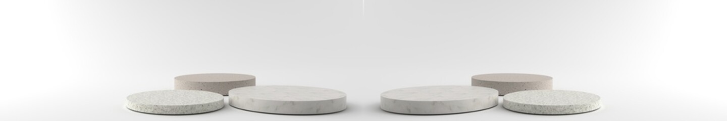 3D rendering of Round marble Pedestal, Podium for display product on the white floor. Pedestal can be used for commercial advertising, Isolated on white background, Product Presentation, illustration.