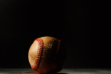 Dark background for old nostalgic baseball graphic element with used ball from game.