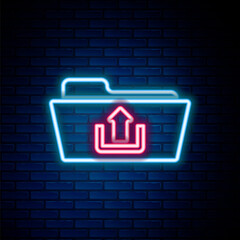 Glowing neon line Folder upload icon isolated on brick wall background. Colorful outline concept. Vector.