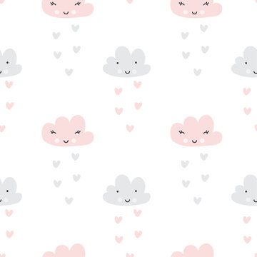 Scandinavian kid Seamless pattern. Face Clouds and rain hearts texture. Minimalistic baby background. White, blue, pink nordic colors. Cute baby style textile fabric cartoon ornament