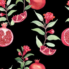 watercolor pomagranate pattern on black background. Fruit and branch decorative print.