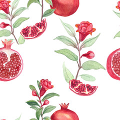 watercolor pomagranate pattern on white background. Fruit and branch decorative print.