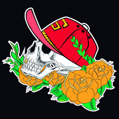 Illustration vector skull with cap and rose in style tattoo 