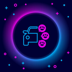 Glowing neon line Car sharing with group of people icon isolated on black background. Carsharing sign. Transport renting service concept. Colorful outline concept. Vector.