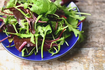Mix of fresh salads on a blue plate. Diet concept. Healthy eating rules.