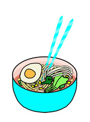 Ramen soup in a turquoise bawl with chopsticks, isolated on a white background