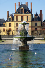 Fototapeta na wymiar Fountain in french garden at Fontainebleau castle near Paris. 