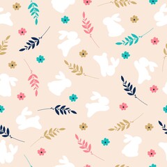 Vector Easter seamless pattern with bunnies, flowers, easter eggs, beautiful background, great for Easter Cards, banner, textiles.