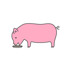 Pig small cute pet pink eating food bowl side view vector illustration.