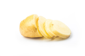 Potato slices turning into chips isolated on white background
