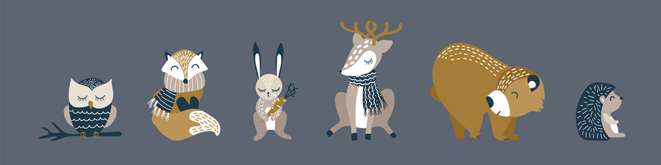 Cute cartoon animals set. Funny woodland characters on dark background. Vector illustration. © Alisa
