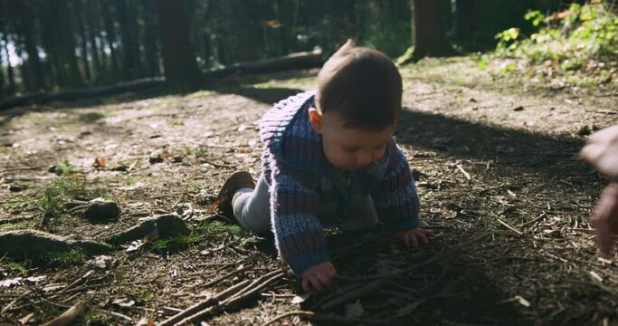 A little baby is crawling to his mother in the woods on a sunny day of spring