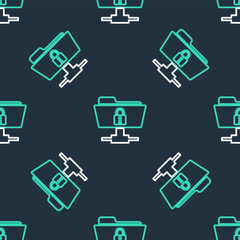 Line FTP folder and lock icon isolated seamless pattern on black background. Concept of software update, ftp transfer protocol. Security, safety, protection concept. Vector.