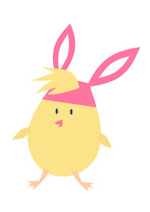 Obraz na płótnie Canvas yellow cartoon cute chick with pink bunny ears, vector illustration