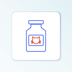 Line Cat medicine bottle icon isolated on white background. Container with pills. Prescription medicine for animal. Colorful outline concept. Vector.