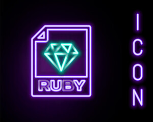Fototapeta premium Glowing neon line RUBY file document. Download ruby button icon isolated on black background. RUBY file symbol. Colorful outline concept. Vector.