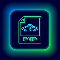 Glowing neon line PHP file document. Download php button icon isolated on black background. PHP file symbol. Colorful outline concept. Vector.