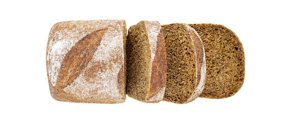 Dark bread, cut into pieces, top view, isolated on white background with clipping path.