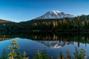 Mount Rainier shows off its reflection in a mirrored lake during the early hours of the morning.