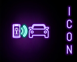 Glowing neon line Smart car alarm system icon isolated on black background. The smartphone controls the car security on the wireless. Colorful outline concept. Vector.